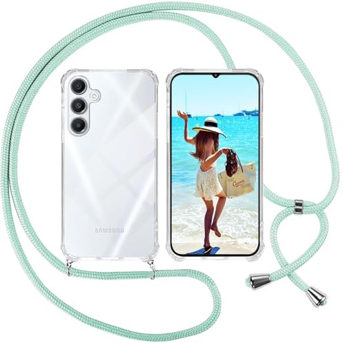 ISOI Funda con Cuerda para Samsung Galaxy A16 4G/5G, Carcasa Transparente TPU Suave Silicona Case con Correa Colgante Ajustable Collar Correa de Cuello Cadena Cordón, Verde