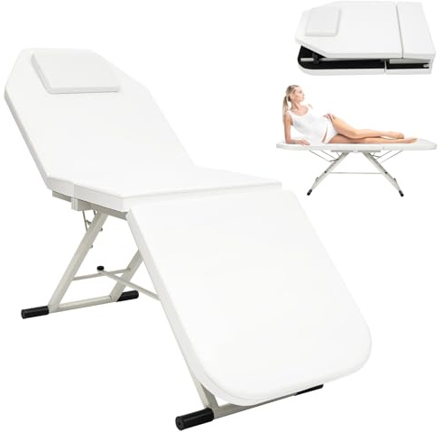 DHQCQL Klappbar Massagetisch, 3-Fach Massageliege mit Kissen, 180 * 60 * 60cm Tragbares Massagebett für Physiotherapie & Tattoo & SPA, bis zu 250 kg (Weiß)