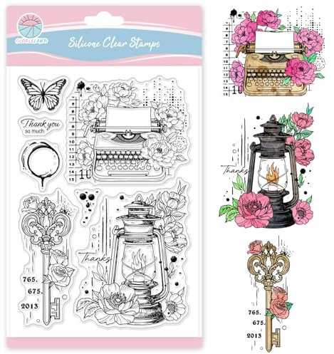 GLOBLELAND Transparente Stempel Mit Vintage Elementen Für Die Kartengestaltung Retro Schlüssellampe Klare Stamps Mit Schmetterlings Kaffeeflecken Silikonstempel Siegel Für DIY Scrapbooking