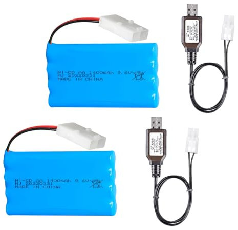 Itexkun Lot de 2 batteries rechargeables KET-2P de 9,6 V 1400 mAh Ni-Cd avec 2 câbles USB pour voiture télécommandée, camion, réservoir, bateau, robot