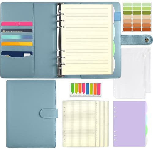 Qefuna A5 Ringbuch, nachfüllbar mit 180 Blatt A5, Notizbuch mit Bindetaschen und Unterteilungen, Binder für Männer und Frauen, Blau