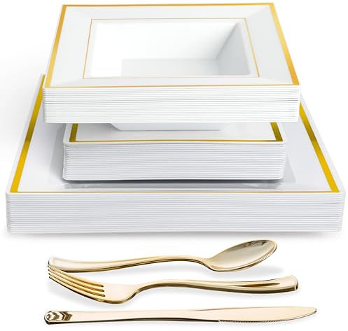 MATANA 360-Piece Reusable Square White Plastic Dinnerware Set with Gold Rim – 60 Dinner Plates, 60 Dessert Plates, 60 Bowls, 180 Reusable Gold Cutlery – Elegant Tableware for Events & Parties