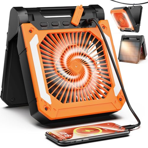 Ventilateur de Camping USB 20000 mAh, Ventilateur Solaire Batterie Rechargeable, Ventilateur Tente Pince Portable avec Lumière LED, Minuterie, 3 Vitesses, Ventilateur de Bureau pour camping, pêche