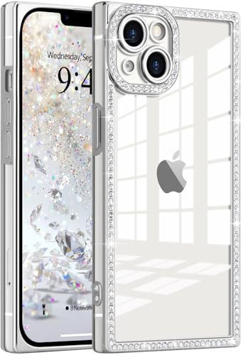 ROSEHUI Glitter Case for iPhone 14,Clear Rectangle Electroplated Sparkle Bumper with Bling Rhinestones Phone Case for Women,Sparkly Diamond Camera Protection Soft Slim TPU Cover-Silver
