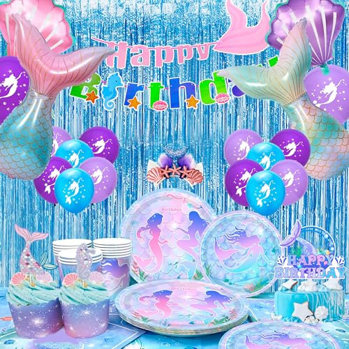 16 Gäste Meerjungfrau Geburtstag Deko, Meerjungfrauen Deko geburtstag Meerjungfrau Partygeschirr Set-Meerjungfrau Party Banner Luftballon Teller Servietten Tischdecke etc Meerjungfrau Deko