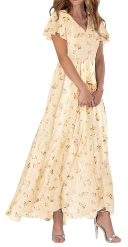 Sommerkleid Damen Lang Chiffon Geblümt Maxikleid Elegant Italienische Kleider Maxi A Linie Sommerkleider Leicht Und Luftig Chiffonkleid Frauen Sommer Blumen V Ausschnitt Kleid Flatterärmel