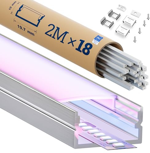 HOOLED 2 m LED Aluminiumprofil - Aluprofil für Led Stripes/Streifen - LED-Kanal ALU Leiste -Abmessung 19,3 mm x 9.8mm (Led-Profil zur Aufputz- oder Einbaumontage 18 Stück, 2m)