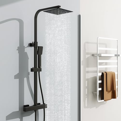 Simple Bathroom Thermostatic Shower System Set - 8 Rainfall Overhead Shower & Handheld, Adjustable Height Stainless Steel Shower Bar Mixer in Black, Square Design