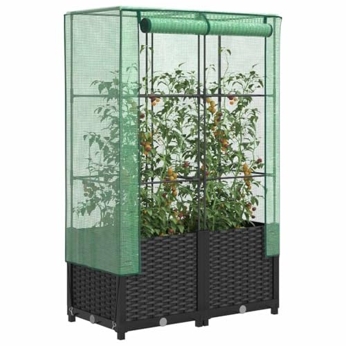 Hommdiy Hochbeet mit Gewächshaus-Aufsatz Rattan-Optik 80x40x138 cm rattanoptik Pflanzkübel Blumenkübel Großer Blumentopf Outdoor Schwarz