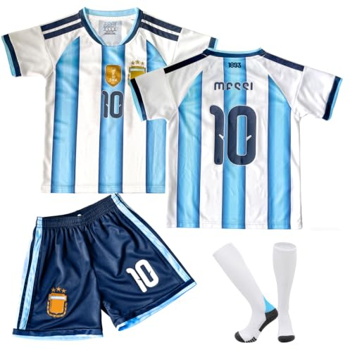 COQOYO Fussball Trikot Kinder Set, Heim Nr.10 Fußballtrikot für Jungen und Mädchen von 6-7 Jahren, Atmungsaktives und Schnelltrocknendes Fußball-Trainingstrikot mit Kurzarm Shorts Socken, Blau-Weiß