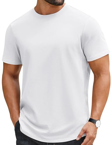 COOFANDY Men's T Shirt 100% Cotton Heavyweight Short Sleeve Crew Neck Tee Basic Plain Tops Regular Fit White XL