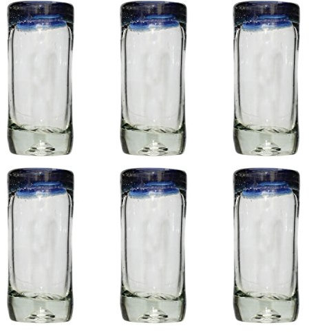 Tumia LAC Vaso de Chupito/Tequila Artesanal – Vidrio Reciclado - Borde azul – Juego de 6