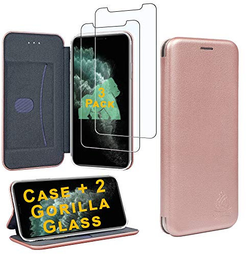 Gorilla Tech iPhone 7 Plus and iPhone 8 Plus Flip Case and 2 Screen Protector Tempered Glass 3D Curve Premium Designer Slim [Card Slot] Magnetic Closer Wallet Stand Cover 3-Pack, Rose 5.5