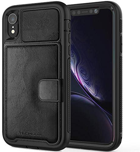 TECHGEAR iPhone XR Case, Tough Armoured Card Wallet 360 Shock Proof Protective Case Cover with Card Slots Wallet & Stand Compatible with Apple iPhone XR 6.1 - Black