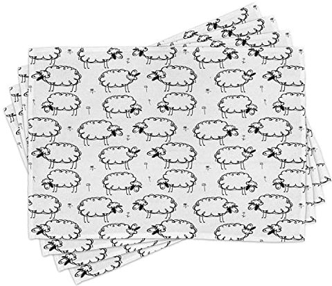 ABAKUHAUS Funny Place Mats Set of 4, Funny Sheeps on a Meadow, Washable Fabric Placemats for Dining Room Kitchen Table Decor, Black White