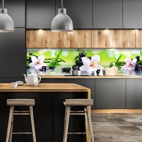 wandmotiv24 Küchenrückwand Orchidee Bambus Steine Glas 240 x 60cm (B x H) - Acrylglas 3mm Nischenrückwand, Spritzschutz, Fliesenspiegel-Ersatz, Deko Küche M1087