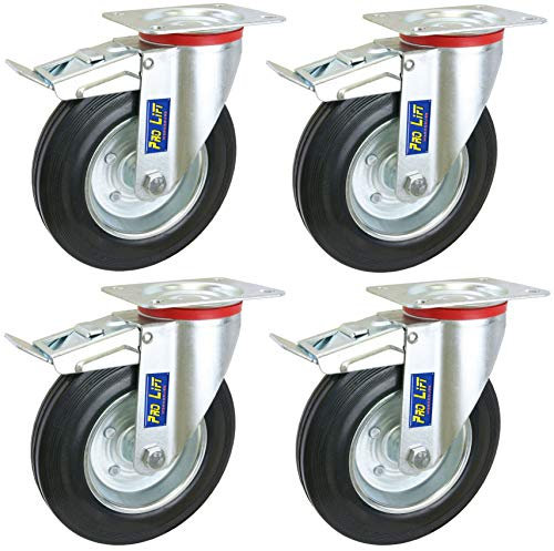 Pro-Lift-Werkzeuge 4 Stück gebremste Lenkrollen je 210 kg Tragkraft Gummirollenbelag Durchmesser 200 mm Schwerlastrollen mit Bremse Transportrollen 4x Rollen