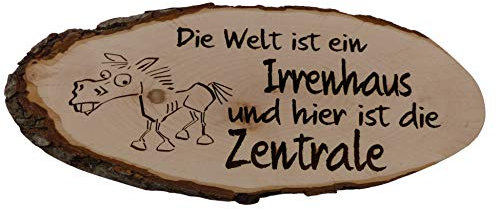 Baumscheibe Rindenscheibe 27-32 cm Spruch Die Welt ist EIN Irrenhaus und Hier ist die Zentrale Gravur Schild Geschenk Holz Erle unbehandelt + Aufhänger