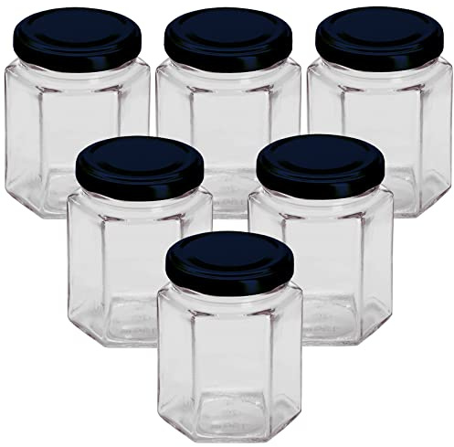 Pack Of 6 x 12oz / 250ml Hexagonal Glass Food Jar With Black Twist Off Lids