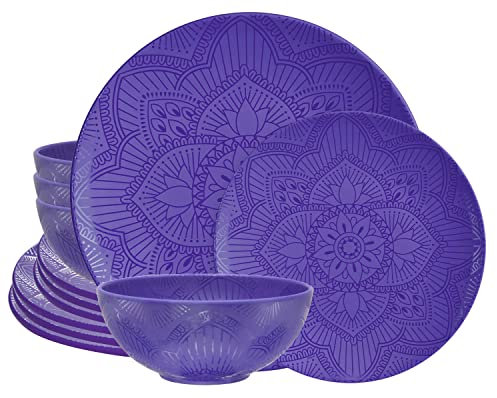 bzyoo BPA-Free Dishwasher Safe 100% Melamine Plastic Plate & Bowl Set Casual dining Indoor and Outdoor Party Environmental Friendly (12 PCS Dinnerware set, Service for 4, La Mandala -Purple)