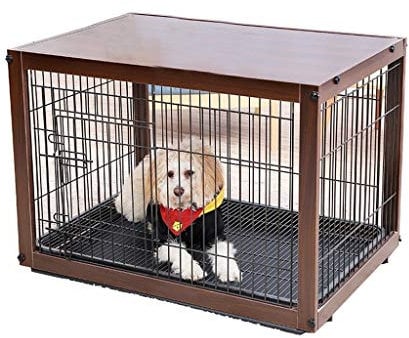 OPYTR Hundelaufstall Holz Double-Layer-Haustier-Aluminiumauto-Hunderahmen Small Medium und Large Dog Fence for kleine, mittlere und große Hunde Gehege Laufstall (Color : Dark Brown-L)