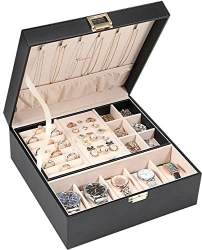 Voova Jewellery Box Organiser for Men Women Girls, Large Watch Storage Case, 2 Layer PU Leather Jewelry Display Holder with Removable Tray for Watches Sunglasses Rings Earrings Necklace, Gifts, Black