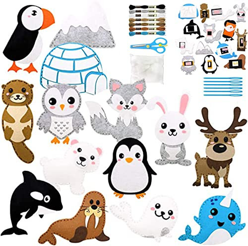 Nähset Kinder ab 6 Jahre, Filztiere Nähen Set für Anfänger Mädchen Jungen, kreativ DIY Bastelset Kinder mit farbige Stickgarn Plastiknadeln Schere Füllwatte Nähzeug, Animals Sewing Kit (Polartier)