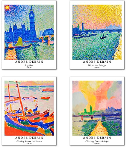 Kunstdruck Ungerahmt Landschaft Bilder Set von 4, Poster Größe: 20x25 cm Premium Kunstpapier Wanddeko Stilvolles Panorama Illustration Kunstposter Passenden Wohnzimmer Deko Andre Derain Prints