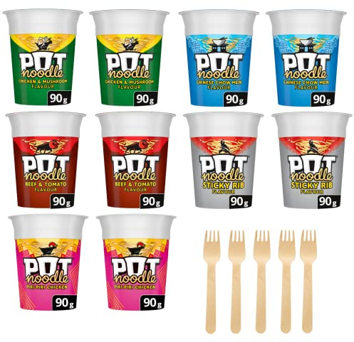 Pot Noodle 5 Flavour Variety Bundle with Wooden Forks - 5 Varieties 2 of Each Flavour - Sticky Rib, Piri-Piri Chicken, Beef & Tomato, Chinese Chow Mein, Chicken & Mushroom - Instant On The Go Meals