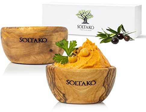 SOLTAKO Cuencos para Salsa de Madera de Olivo - Cuenco para Aperitivo - Plato de Servir - Cuenco de Madera Cruda para Quesos, Salsas, Embutidos, Frutos Secos - Ø 6 cm - Juego de 2 Cuencos