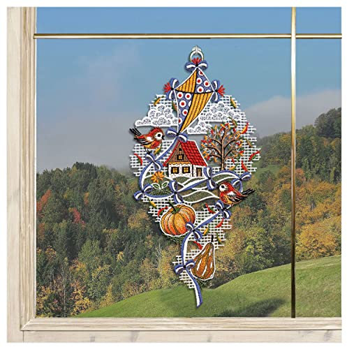 DSD Design-Studio Drechsler Fensterbild Herbstlandschaft mit Drachen und Vögeln Plauener Spitze Fensterdeko Herbst 34 x 17 cm