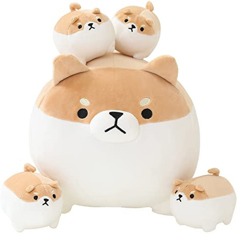 SQEQE Stuffed Animal Shiba Inu Plush Toy with 4 Baby Shiba Inu Plushies in her Tummy, Stuffed Cotton Plush Animal Toy Gift for Kids