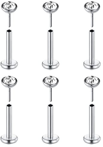 Mayhoop 20G Tragus Helix Piercing LIppenpiercing Push In Nasenpiercing Chirurgenstahl Nasenringe Piercing Lippe Labret Stud Tragus Helix Ohrringe mit CZ für Damen Herren 6St
