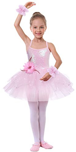 IWEMEK Kids Girls Sequins Leotard Tutu Ballet Dress Sleeveless Spaghetti Strap Skating Gymnastics Children Dancewear Fairy Swan Dance Dresses Performance Ballroom Dancer Costume #Pink 9-10 Years