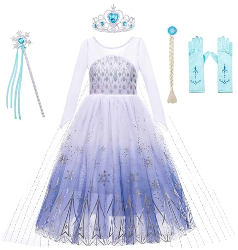 KANDEMY Mädchen ELSA Prinzessin Kostüm Faschingskostüme für Kinder Eisprinzessin Kleider für Karneval Rollenspiel Geburtstag Party Weiß 120