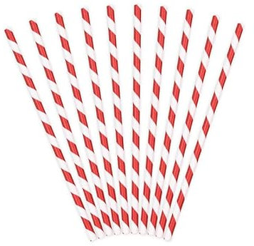 10 cannucce fantasia ROSSO con strisce oblique BIANCO - cannuccia in carta - 19,5cm - decorazione addobbo per feste, party, compleanno ecc.