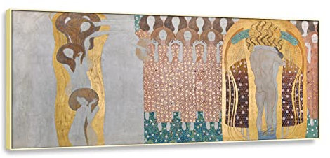 QSX Gustav Klimt Berühmte Gemälde Reproduktion: Beethovenfries - Rechte Seitenwand2. Symbolismus Leinwanddrucke Wandkunst für Wanddekoration 50x110cm Goldgerahmt