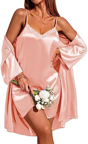 Ekouaer Ensemble Chemise de Nuit et Peignoir pour Femme 2 pièces en Satin Sexy Rose L