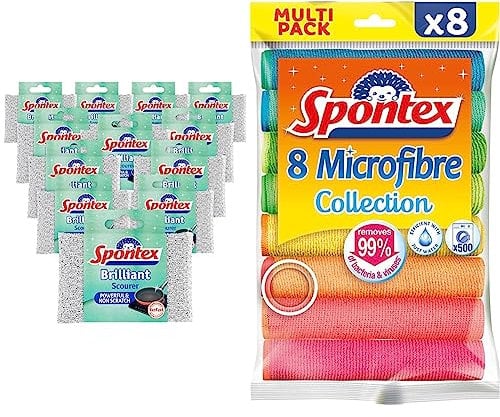 Spontex Brilliant Scourer Pad (Pack of 12) & Microfibre Collection - Multi-purpose Microfibers - 8 Microfibers