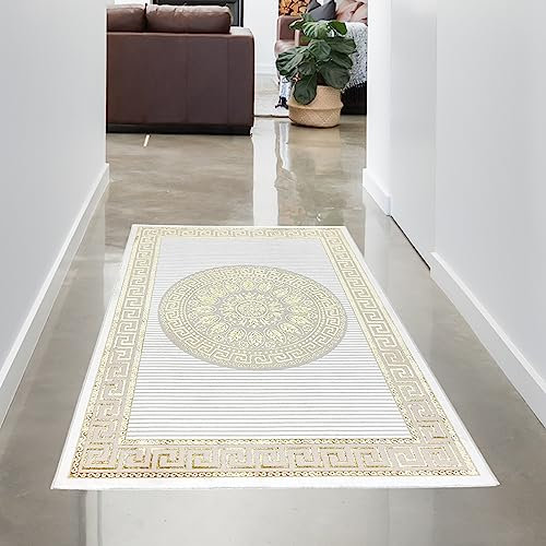 CARPETIA Teppich Wohnzimmer Kurzflor Flur Bezaubernde Ornamente Diele Läufer Mäander kurz orientalisch glänzend Creme Gold 80 x 150 cm