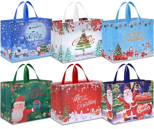 AhfuLife 6 Stück Geschenktüten Weihnachten Groß, 40 * 36 * 15CM, Non Woven Weihnachtstaschen Weihnachtstüten mit Griffen, Weihnachts Geschenktüten, Wiederverwendbare Weihnachtsgeschenktüten