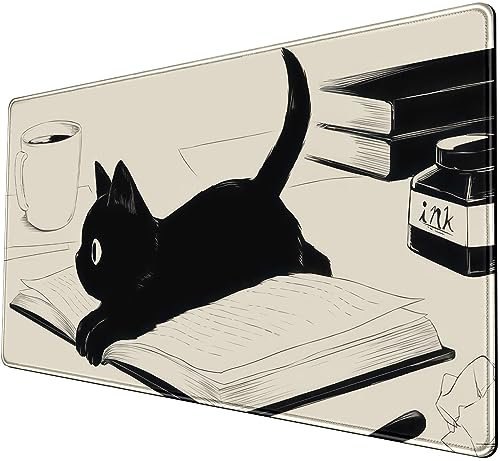 Mauspad mit Anime-Motiv, schwarze Katze, groß, 80 x 40 cm, Beige, Tastatur-Pad, Kaffeebuch, Tastaturmatte, mit genähten Kanten, rutschfest, große Computermatte für Arbeitszimmer, Büro, Gaming