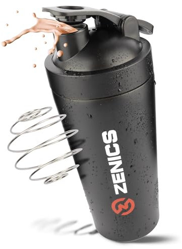 ZENICS ® Shaker Edelstahl [schwarz, 600 ml] für cremige Fitnessshakes - Spülmaschinenfester Proteinshaker mit doppelwandigem Edelstahl - Eiweiß Shaker für Gym
