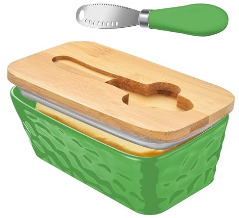 Lovelyduo Large Butter Dish with Lid for Countertop Ceramic Butter Container with Knife Holder Spreader Double Silicone Seals Butte Keeper Stone Pattern Rectangle Green