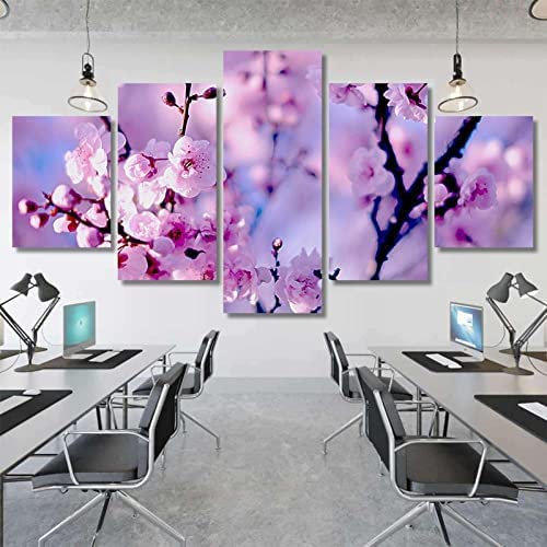 Tableau 5 Pièces Fleur De Cerisier 5 Panneaux Tableau Sur Toile Art Mural Décoration Murale Moderne Maison Salon Chambre Décoration, Sans Cadre 100 X 50 Cm