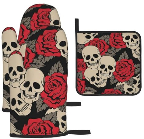 3-teiliges Ofenhandschuh- und Topflappen-Set, Totenkopf mit Rosen, 2 isolierte Handschuhe + 1 Topfdeckelmatte, Küchenutensilien-Set, zum Kochen, Backen, Grillen und tolles Geschenk für Freunde und