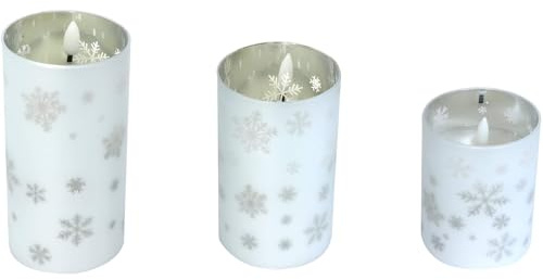 X-MAS Art Collection LED Echtwachskerze in Glaswindlicht 3er Set Silber Schneeflocken Motiv Timer