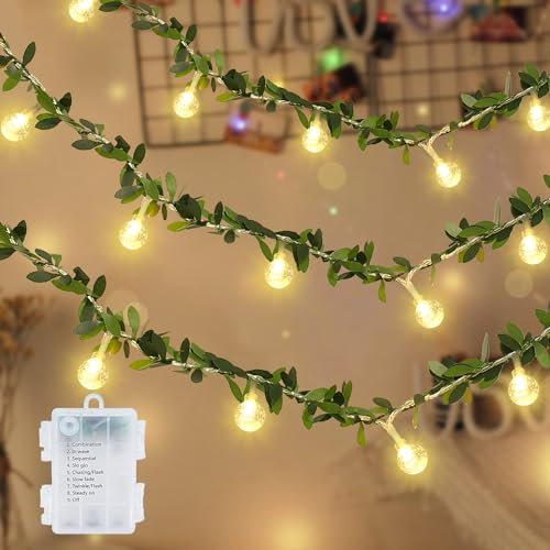 LED Lichterkette Efeu Künstlich, 4M Fake Efeu Girlande mit 20 LED-Licht Batterie, 8 Modi Wasserdicht Efeu Lichterkette Dekoration für Garten, Balkon, Hochzeit, Party, Zimmer Deko Aesthetic