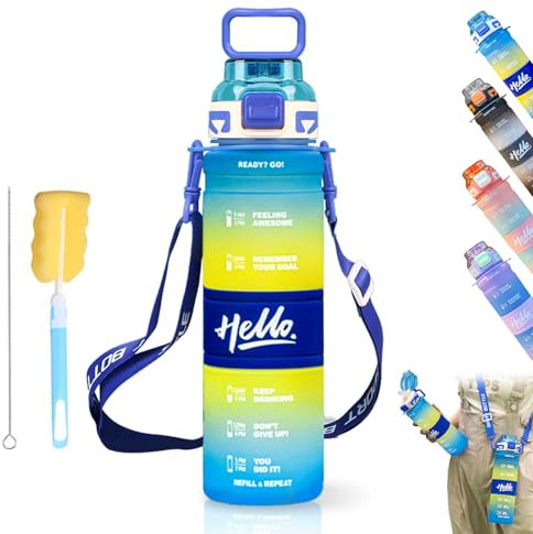 KunpengZen Gourde 1l, Motivation Temps Gourde Sport, Gourde avec Paille Brosse Et Fonction De Verrouillage, Ecole, Gym, Cyclisme, Camping-Bleu