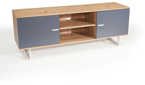 Wohnling Lowboard Eiche-Dekor Grau 150x55x40 cm TV-Kommode Modern, Design TV-Schrank Hoch, Fernsehtisch Fernsehschrank mit Zwei Türen, Fernsehkommode Wohnzimmer